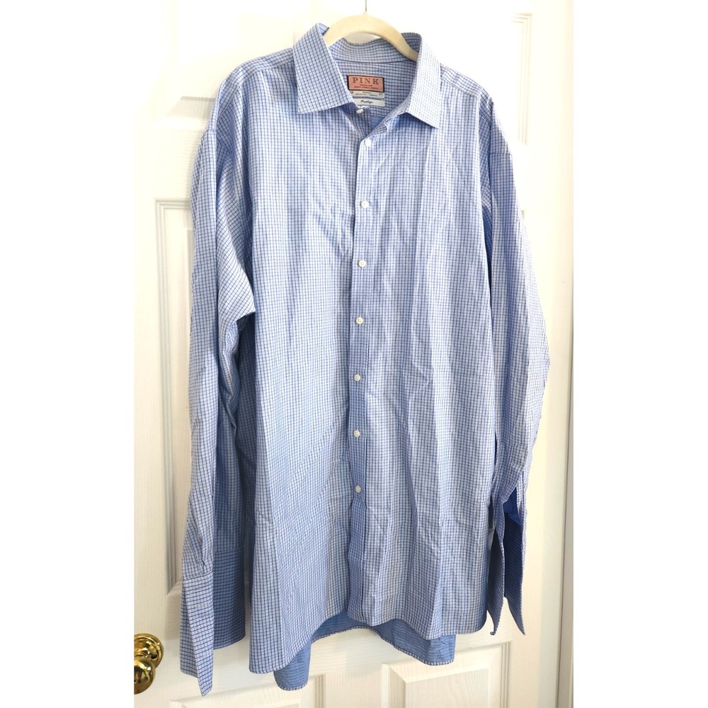 Thomas Pink Prestige French Cuff Dress Shirt Men Sz 18 Blue White Plaid Classic